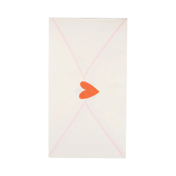 White Napkin Shaped like an envelope with a red heart stamp - perfect for valentines day napkins