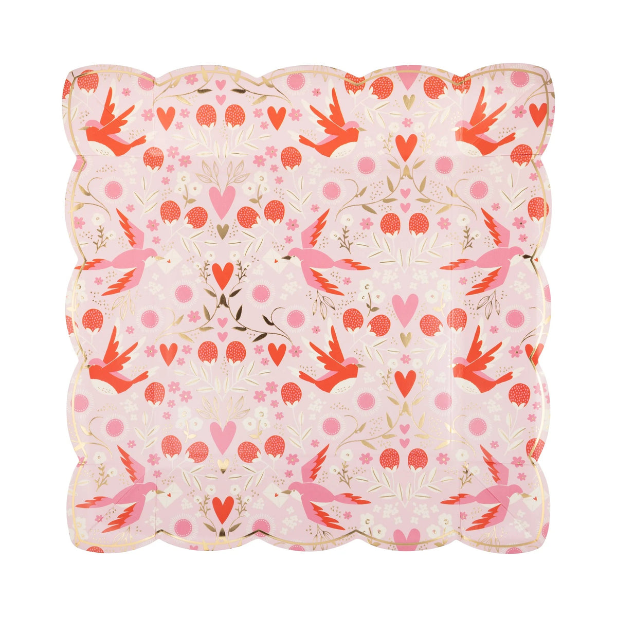 Square Valentine plate featuring a lovebird pattern with pink and red birds, floral accents, and a soft pink background.