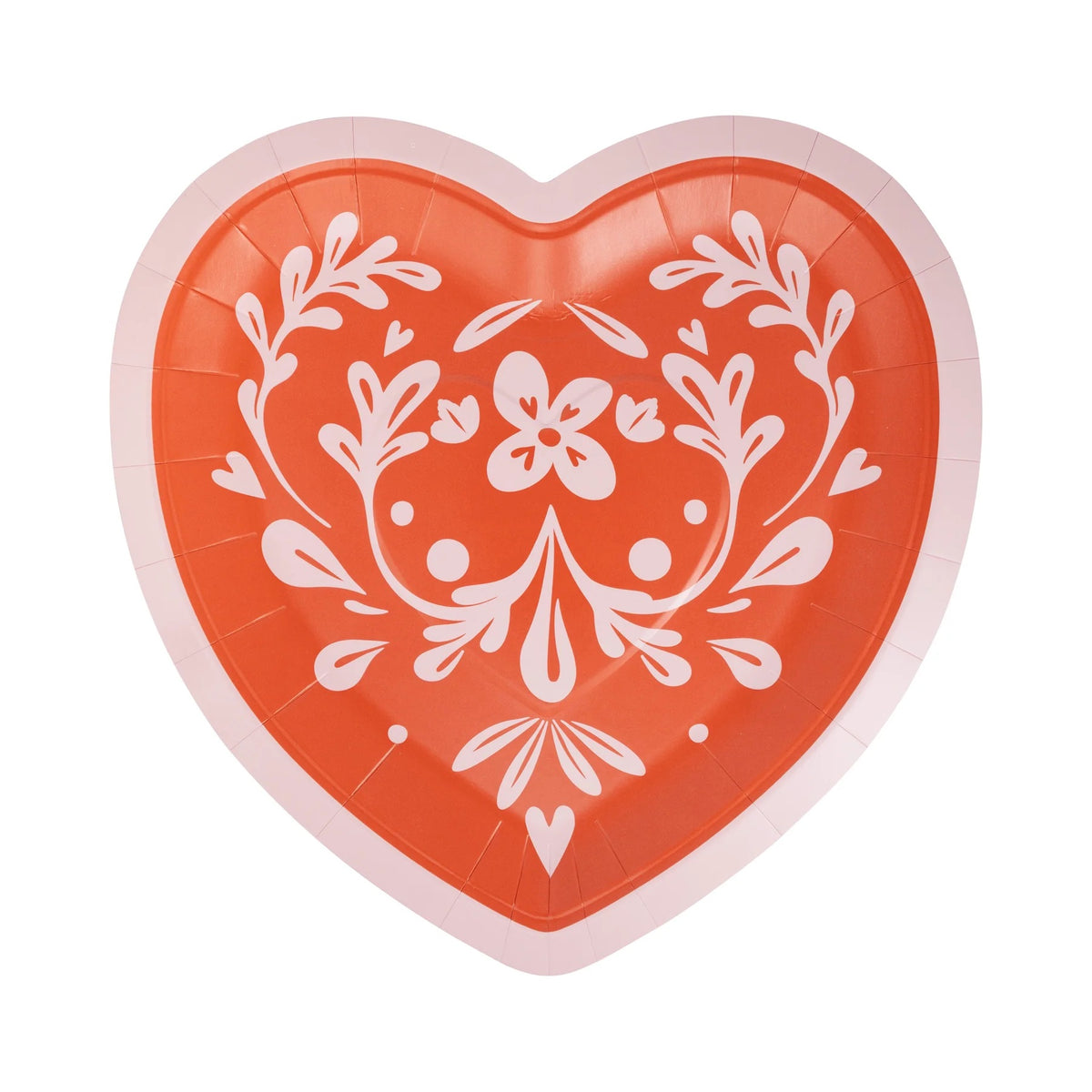 Heart-shaped Valentine plate featuring a folk-inspired pattern with pink, red, and blue floral details.