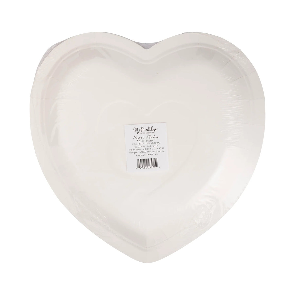 Packaged set of heart-shaped plates featuring a folk-inspired design, displayed in clear wrapping with a branded label.