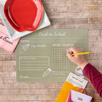 This set of 12 placemats features a word search and cursive practice section, cleverly designed to resemble a chalkboard. It’s the perfect way to mix fun and function, making your table setting both entertaining and educational.