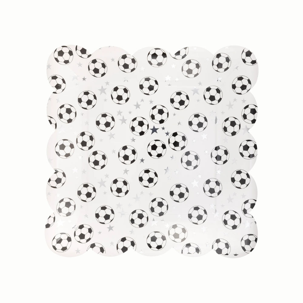 Get ready to celebrate with these soccer plates at your soccer birthday party! Each set of 8 square paper plates, measuring 10 x 10 inches, features a lively soccer ball design and chic scalloped edges.