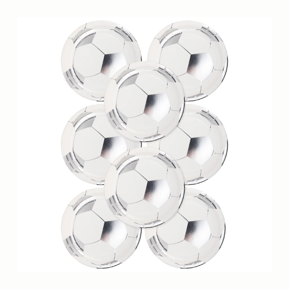 Get your game face on with these awesome soccer party decorations! These 8 inch round soccer ball paper plates, in a set of 8, are designed in chic silver and white.