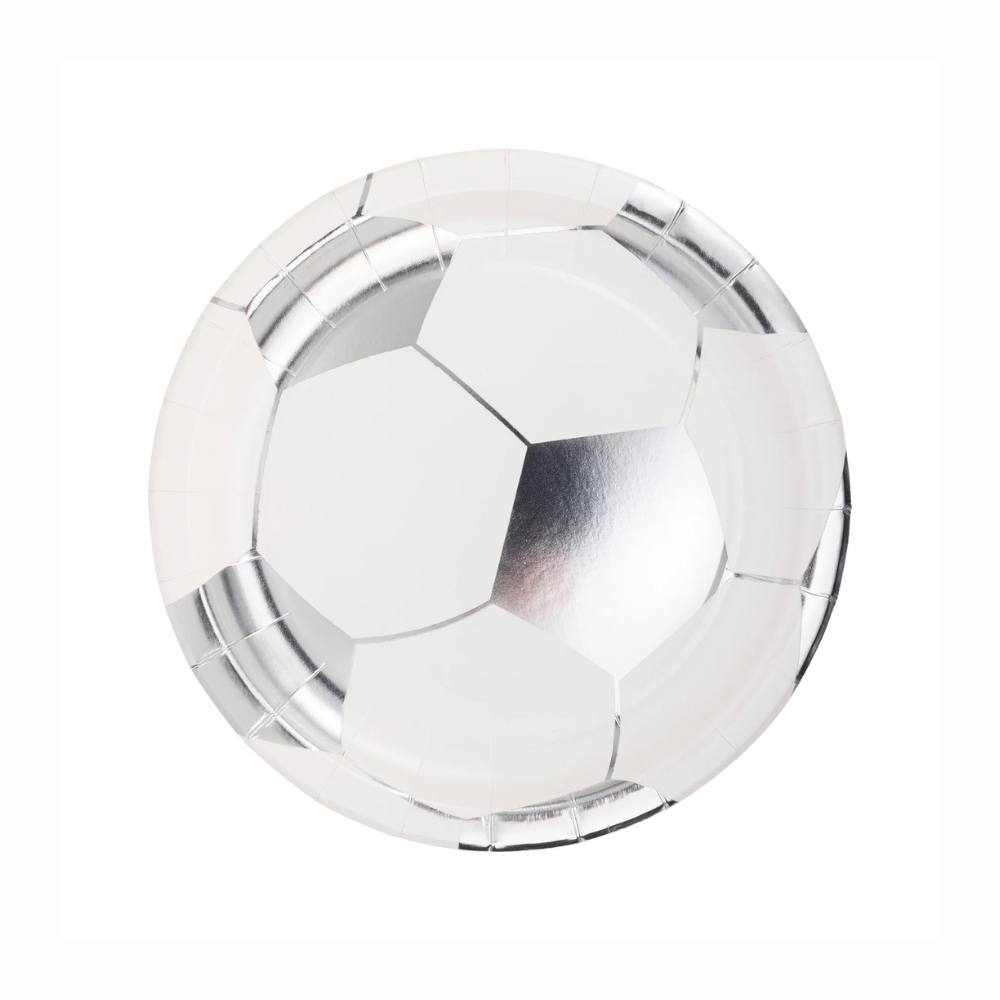 Get your game face on with these awesome soccer party decorations! These 8 inch round soccer ball paper plates, in a set of 8, are designed in chic silver and white.