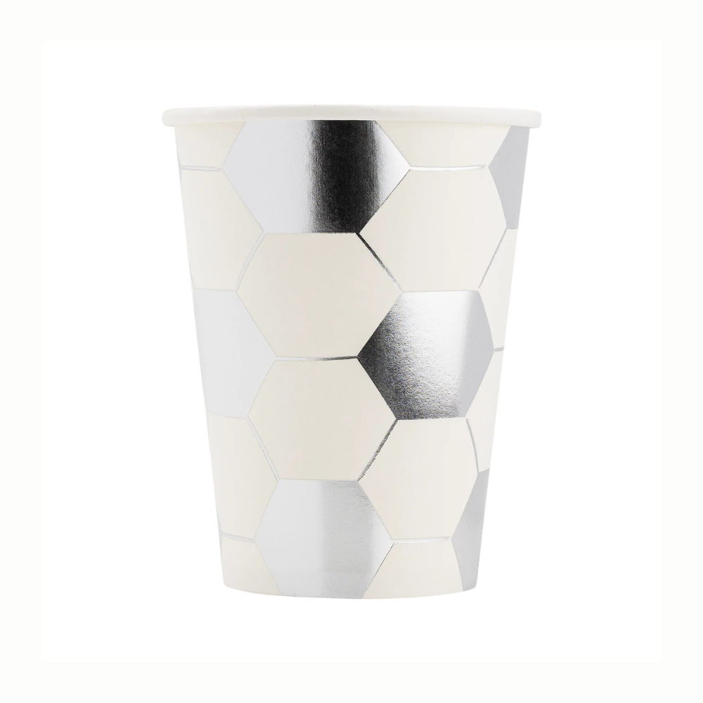 Kick off the fun with our soccer paper cups! These 12 oz cups, featuring a stylish white and silver soccer ball design, are the ultimate companions for your soccer birthday party.