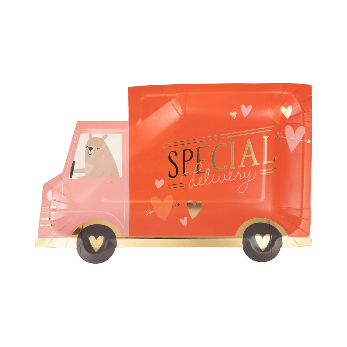 Delivery truck-shaped Valentine plate featuring red and white details with heart and envelope designs.