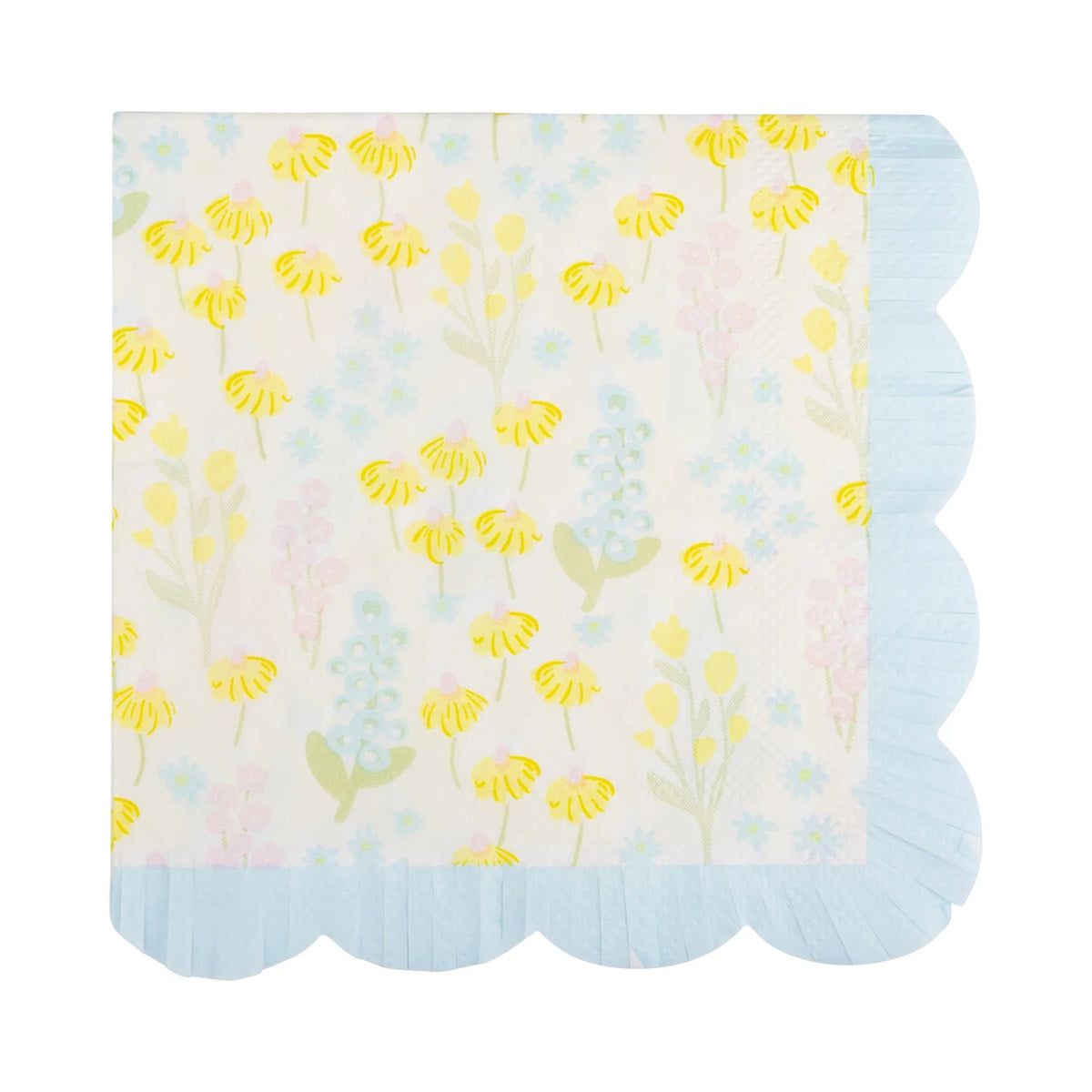 Yellow and Blue Scalloped Fringed Cocktail Napkin with floral print perfect for a baby shower, bridal shower, or Easter Brunch