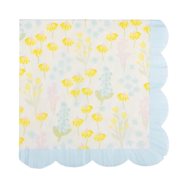 Yellow and Blue Scalloped Fringed Cocktail Napkin with floral print perfect for a baby shower, bridal shower, or Easter Brunch