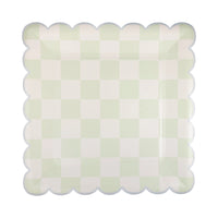 Green Checkered Paper Plates with Scalloped Edges