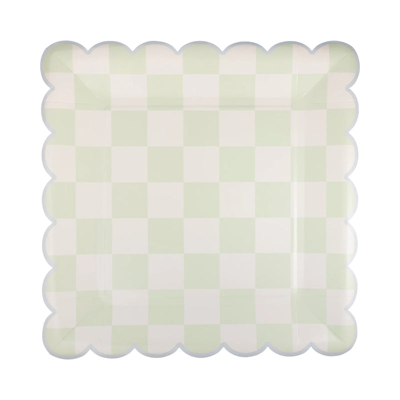 Green Checkered Paper Plates with Scalloped Edges