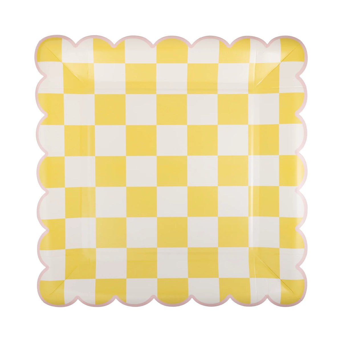 Yellow Checkered Paper Plates with Scalloped Edges