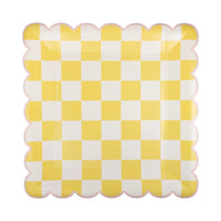 Yellow Checkered Paper Plates with Scalloped Edges