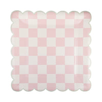 Pink Checkered Paper Plates with Scalloped Edges