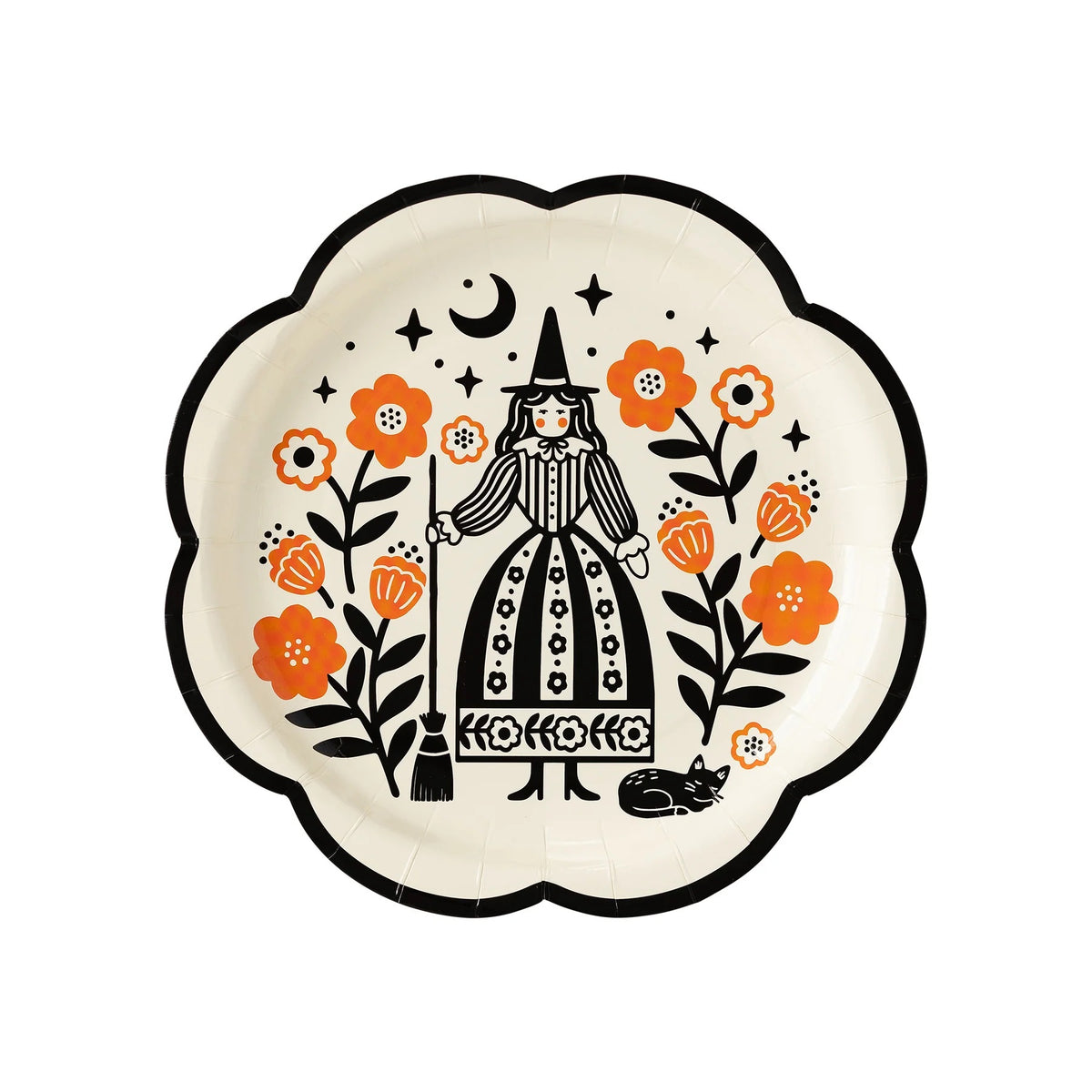 White paper plate with a witch design in the center, surrounded by orange flowers and a black scalloped edge. Perfect for Halloween parties.