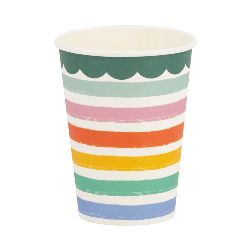 Close-up of Fiesta Striped Paper Cups filled with festive beverages at a Cinco de Mayo table.