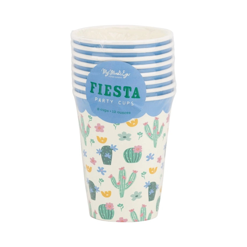 Fiesta Cacti Paper Cups filled with colorful drinks at a festive party table.