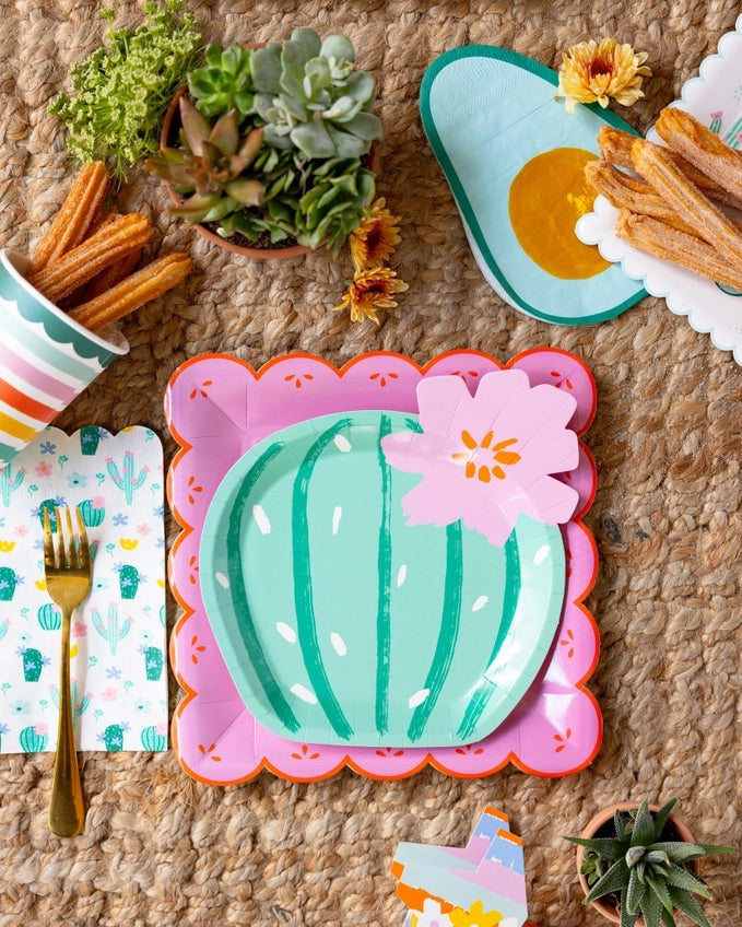 Fiesta Cactus Plates styled with tacos, nachos, and margaritas for a fun party setup.