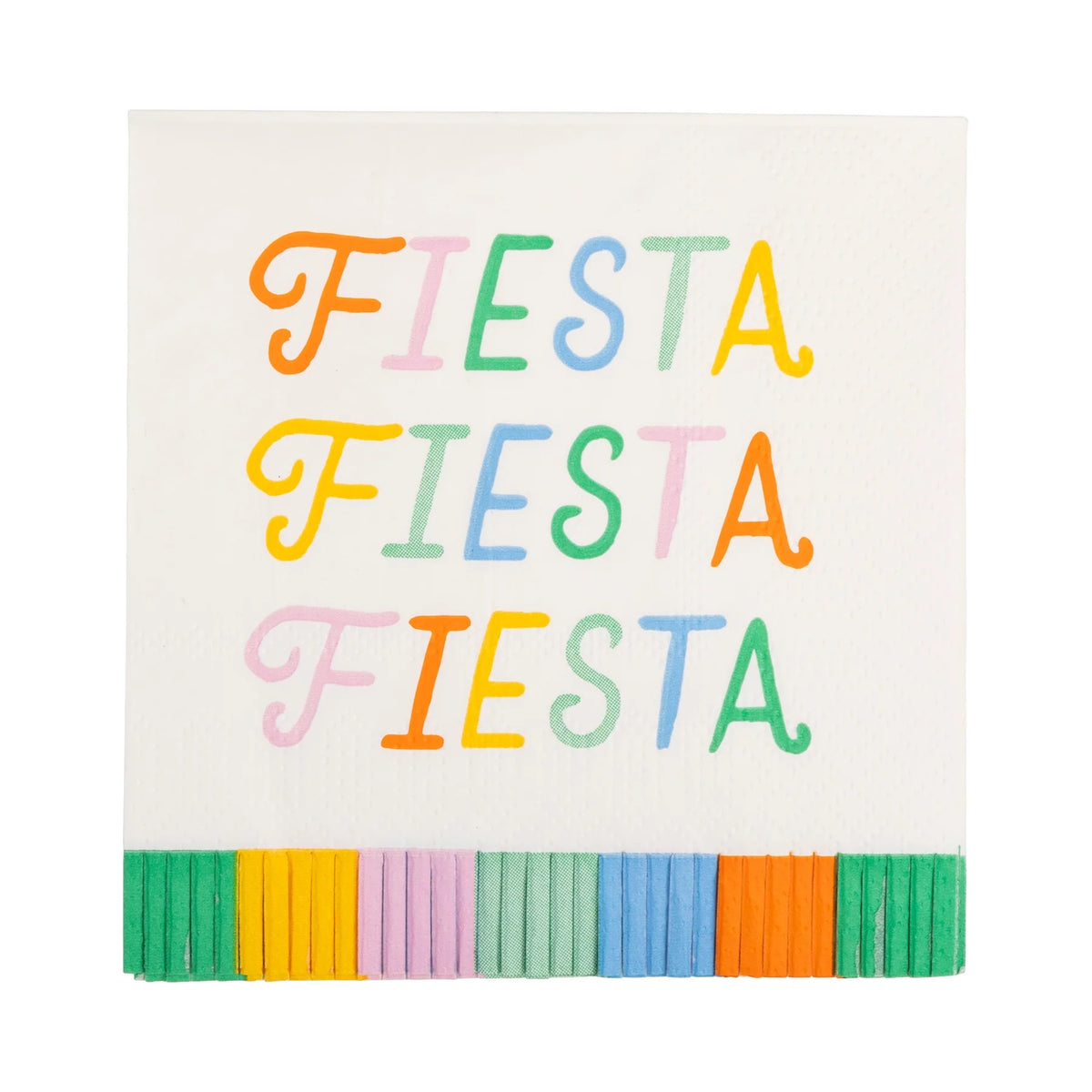 Close-up of Fiesta Fringed Cocktail Napkins with colorful fringe and festive lettering.