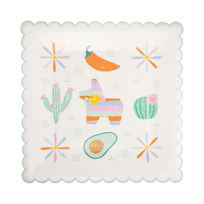 Close-up of Fiesta Icons Plates featuring colorful designs of sombreros, piñatas, and maracas.