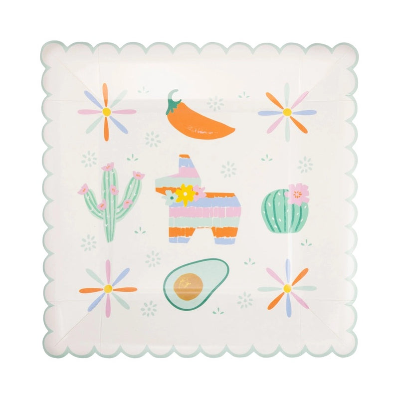 Close-up of Fiesta Icons Plates featuring colorful designs of sombreros, piñatas, and maracas.