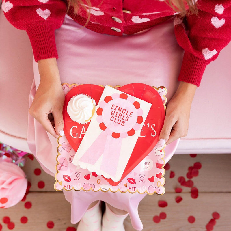 Square valentines day plates perfect for a galentines theme party