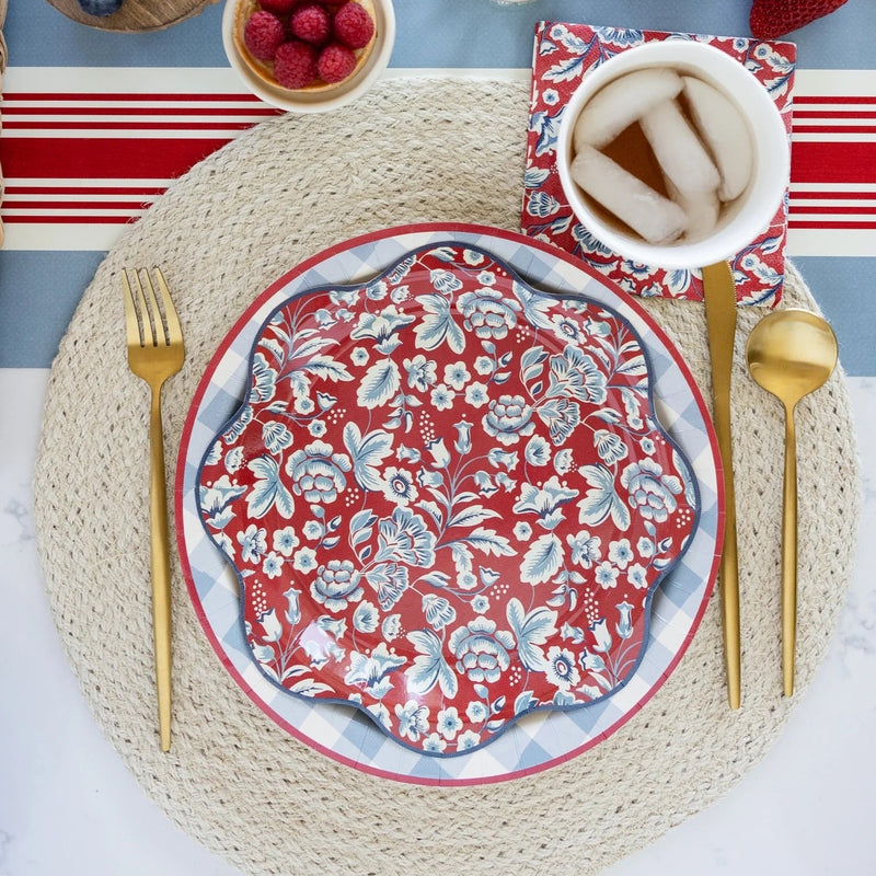 Blue and white plaid paper plate with a red border. Perfect for a July 4th party or a coastal bachelorette party.