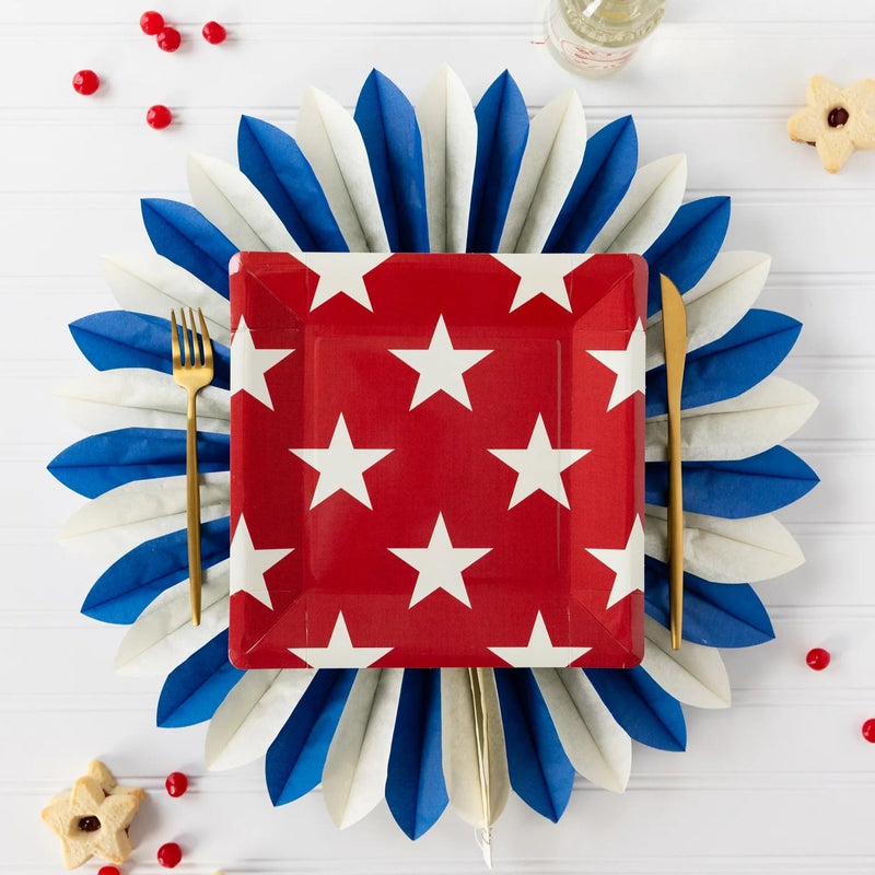 Square red plates with white stars - perfect for a 4th of July party or Memorial Day BBQ.