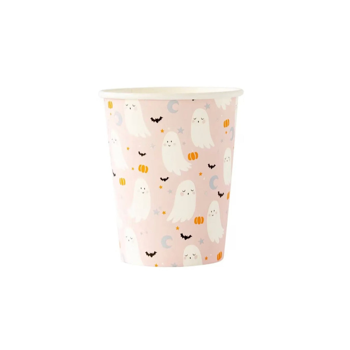 Pink Halloween Paper Cup with ghosts, bats and pumpkin design.