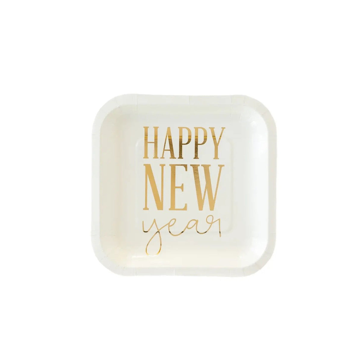 White Square Happy New Year Paper Plate  with Gold Lettering