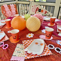 Lets go ghouls with this Halloween party kit! Includes 8 square checkered plates, 8 groovy ghost plates, 24 trick-or-treat napkins, 8 jack-o-lantern cups, 18 pumpkin-shaped napkins, and 1 spooky felt pennant.