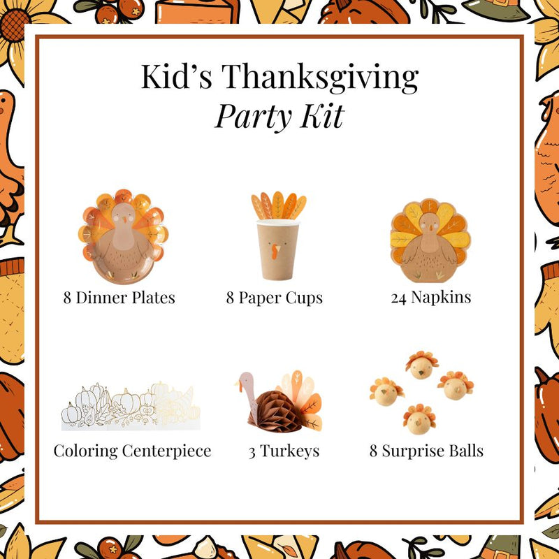 Thanksgiving Decoration Kit for Kids including plates, cups, napkins and centerpiece