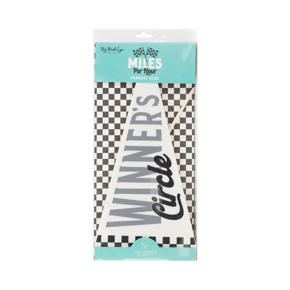 Packaged Miles Per Hour Winners Circle Felt Pennant ready for easy setup at a car-themed birthday party.