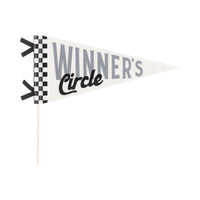 Miles Per Hour Winners Circle Felt Pennant displayed at a Two Fast Birthday car-themed party.