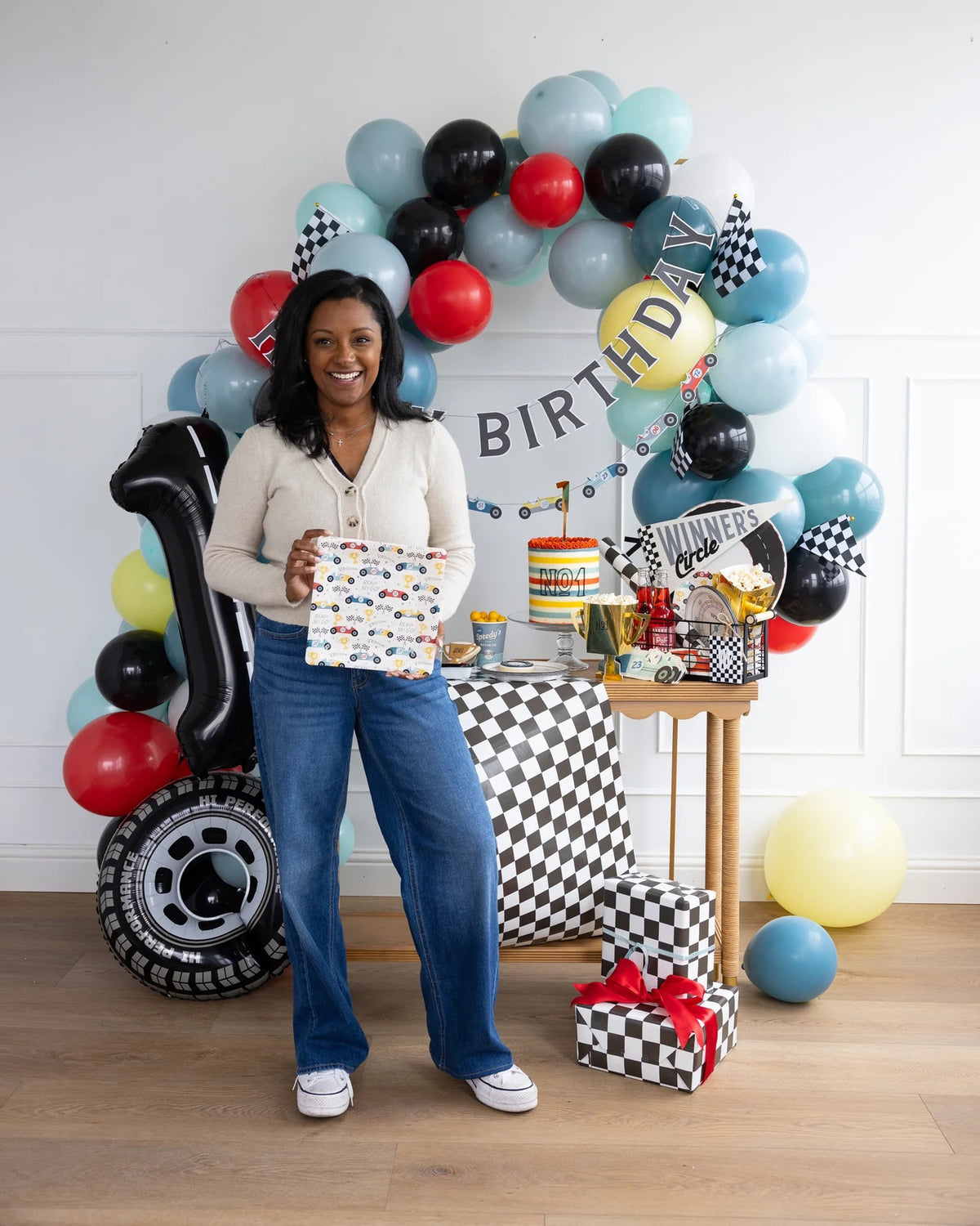 Miles Per Hour Checkered Flag Table Runner enhancing both indoor and outdoor setups for versatile cars birthday decorations.