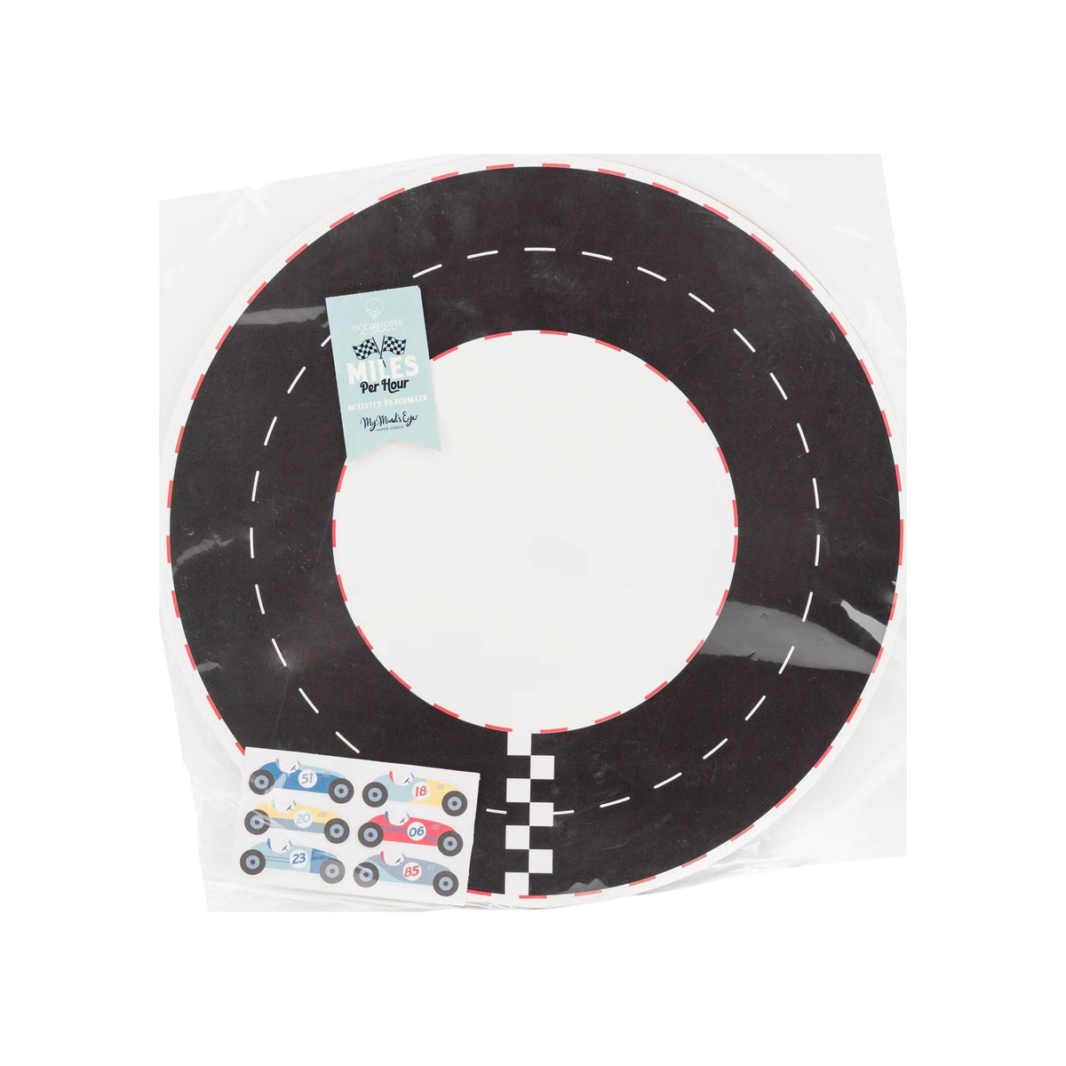 Packaged Miles Per Hour Race Track Placemat arranged for easy distribution at a Two Fast Birthday party.