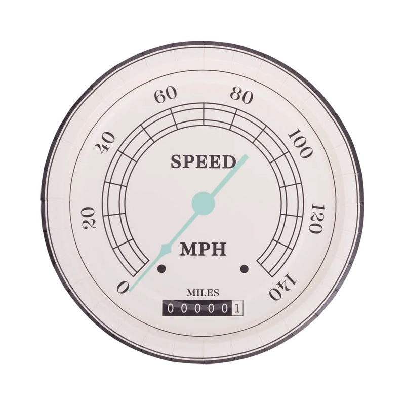 Speedometer paper plate with detailed mph gauge design, perfect for car-themed birthday party or cars birthday party celebrations.