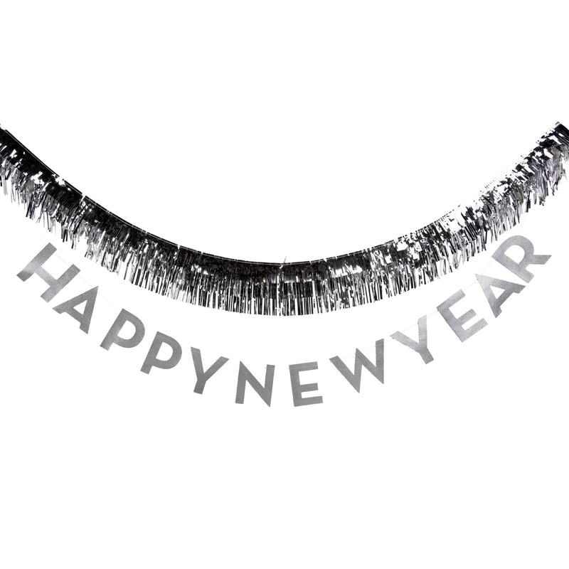 Close-up of the Happy New Year Banner with bold silver lettering and shimmering fringe detail, ideal for creating a festive NYE party atmosphere.