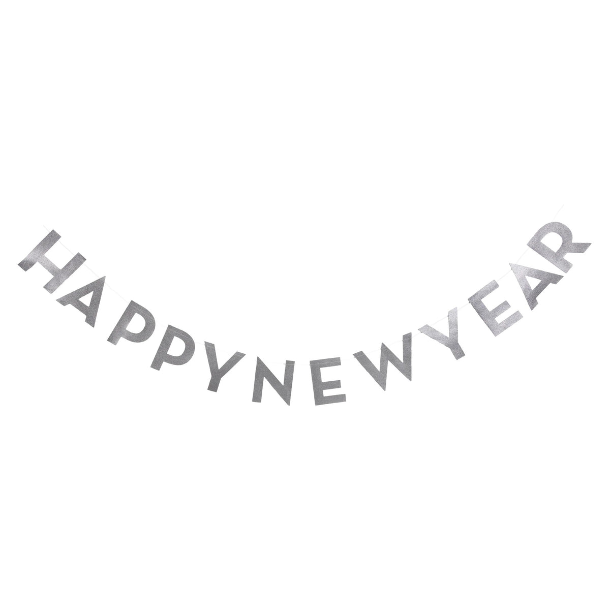 Bold silver Happy New Year Banner letters strung together, perfect for elegant and eye-catching NYE party decor.&quot;