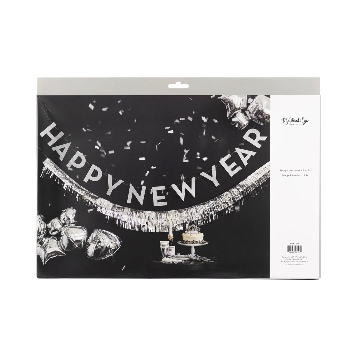 Happy New Year Banner packaged with a black and silver design, featuring bold lettering and metallic fringe, perfect for NYE party decor.