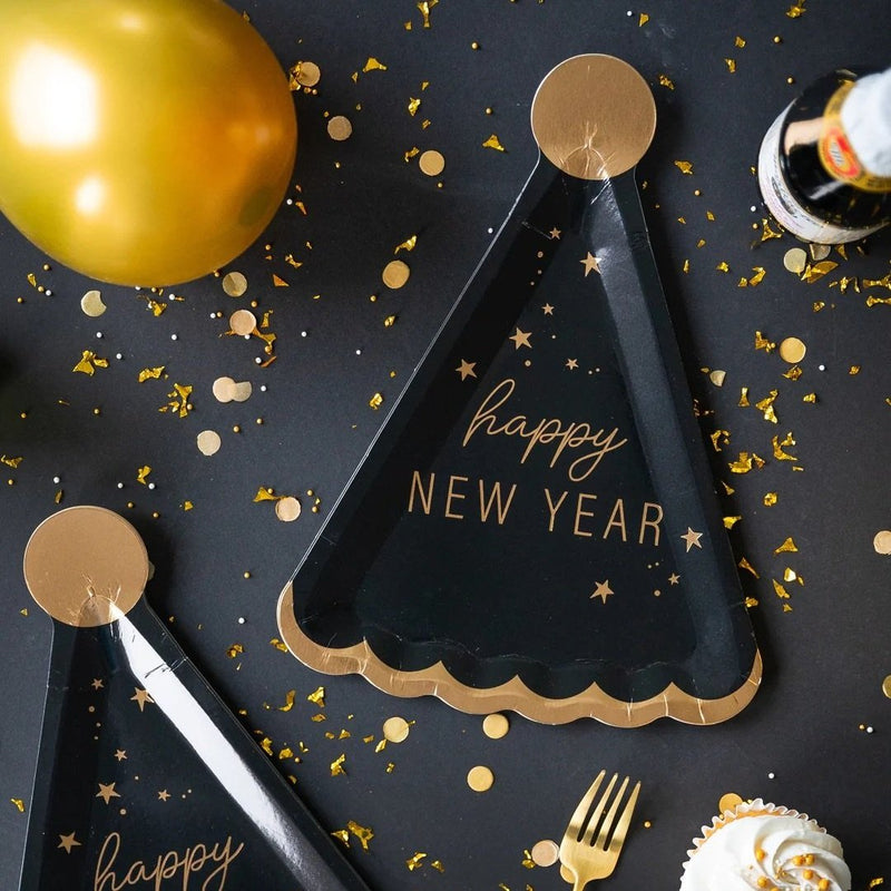 Black and gold party hat shaped paper plates perfect for New Years. 