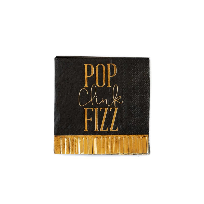 Pop, Clink, Fizz black paper cocktail napkins with gold details.