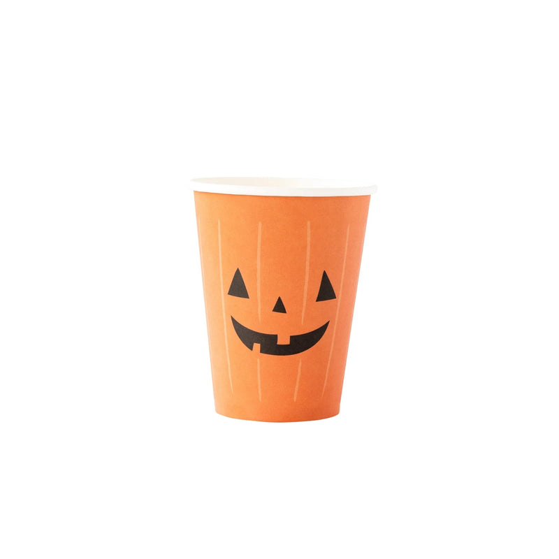 Set of 8 orange Halloween cups with jack-o-lantern design, each holding 12 oz.