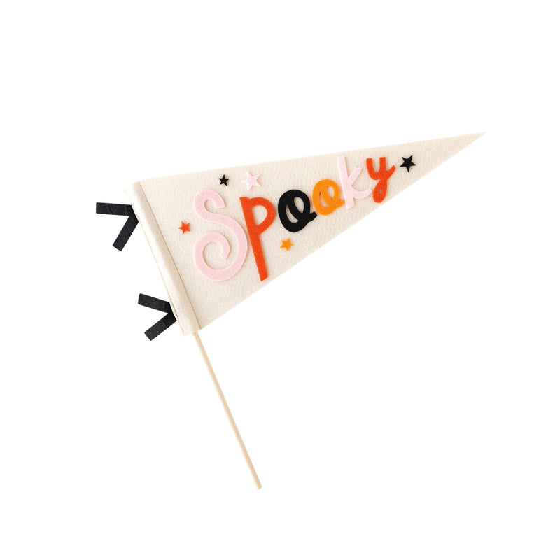 Halloween flag with Spooky text on a 15-inch felt pennant, attached to a 14-inch wood dowel for Halloween centerpieces.