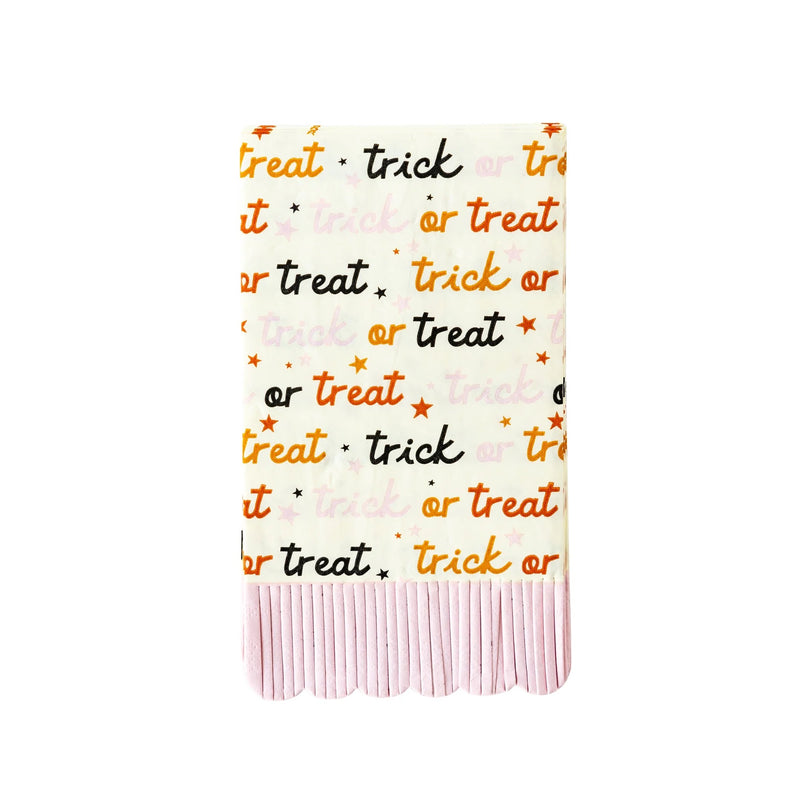 Set of 24 paper dinner napkins with trick or treat design and scallop fringe edges.