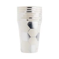 Kick off the fun with our soccer paper cups! These 12 oz cups, featuring a stylish white and silver soccer ball design, are the ultimate companions for your soccer birthday party.