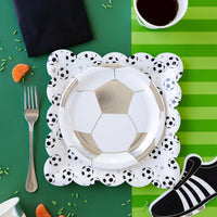 Get your game face on with these awesome soccer party decorations! These 8 inch round soccer ball paper plates, in a set of 8, are designed in chic silver and white.