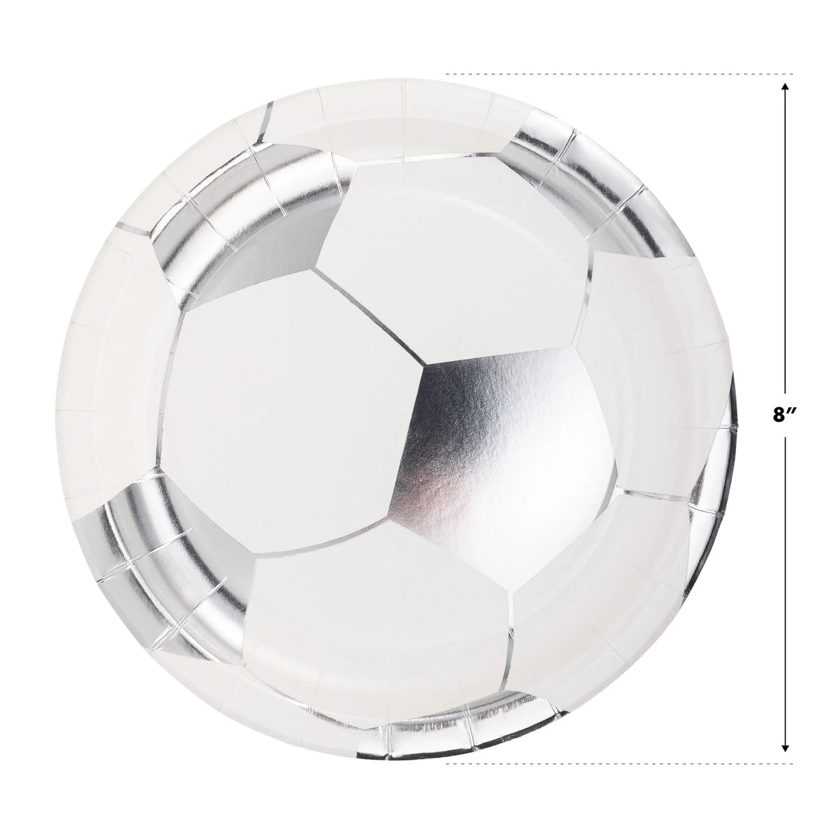 Get your game face on with these awesome soccer party decorations! These 8 inch round soccer ball paper plates, in a set of 8, are designed in chic silver and white.