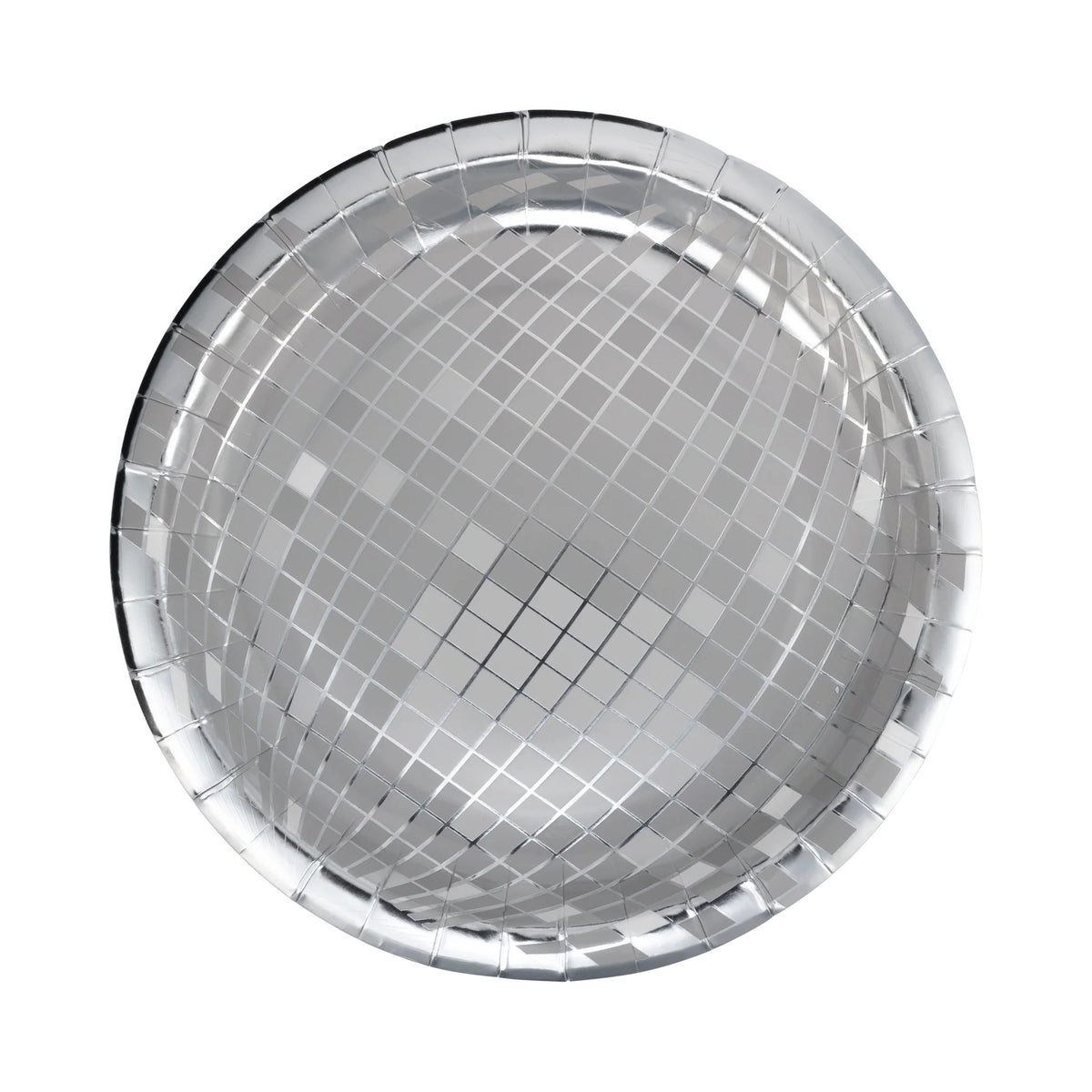 Single Silver Disco Ball Plate with a reflective mosaic design, great for adding glam to a New Year’s party or bachelorette decor disco theme.