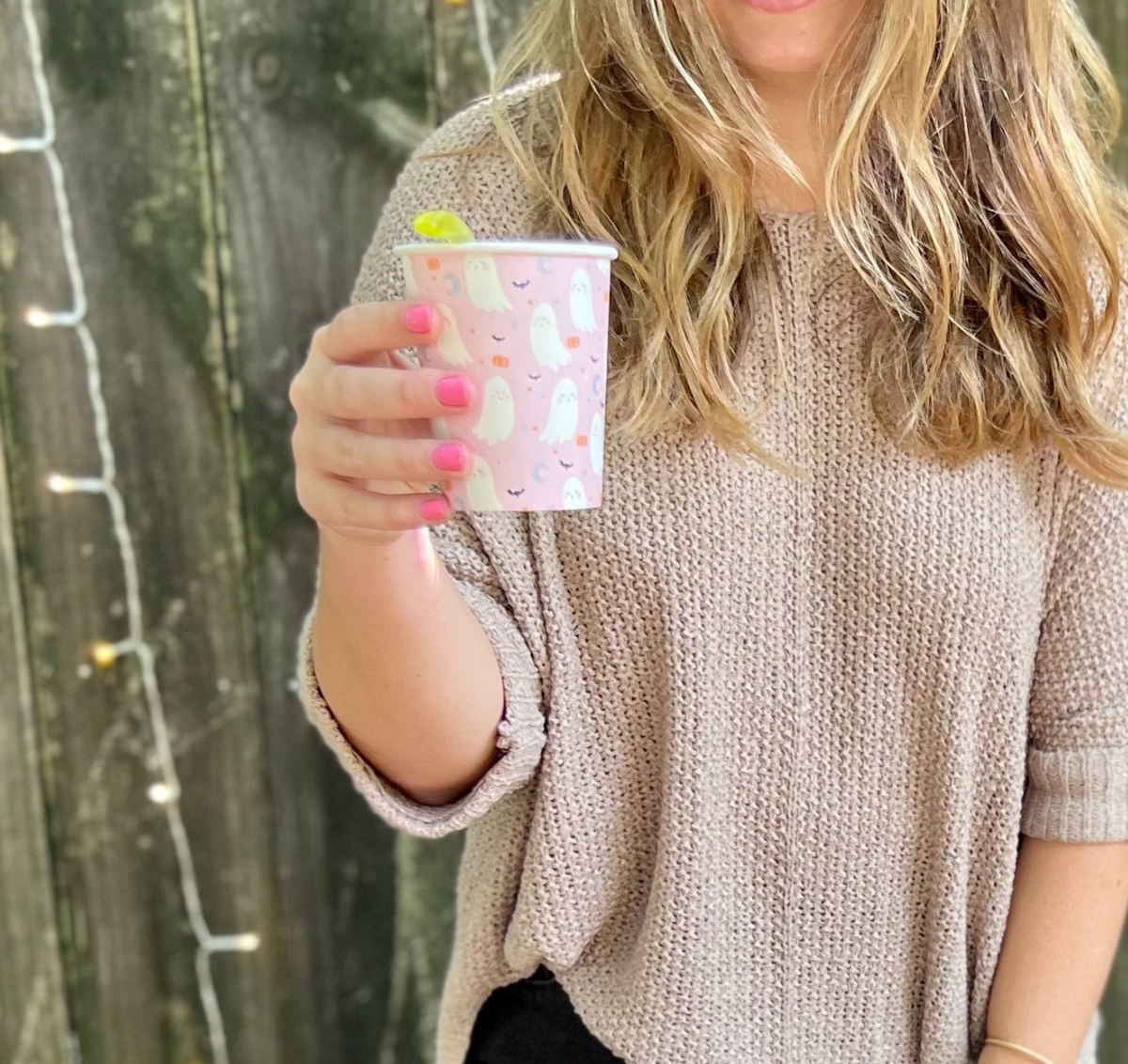 Pink Halloween Paper Cup with ghosts, bats and pumpkin design.