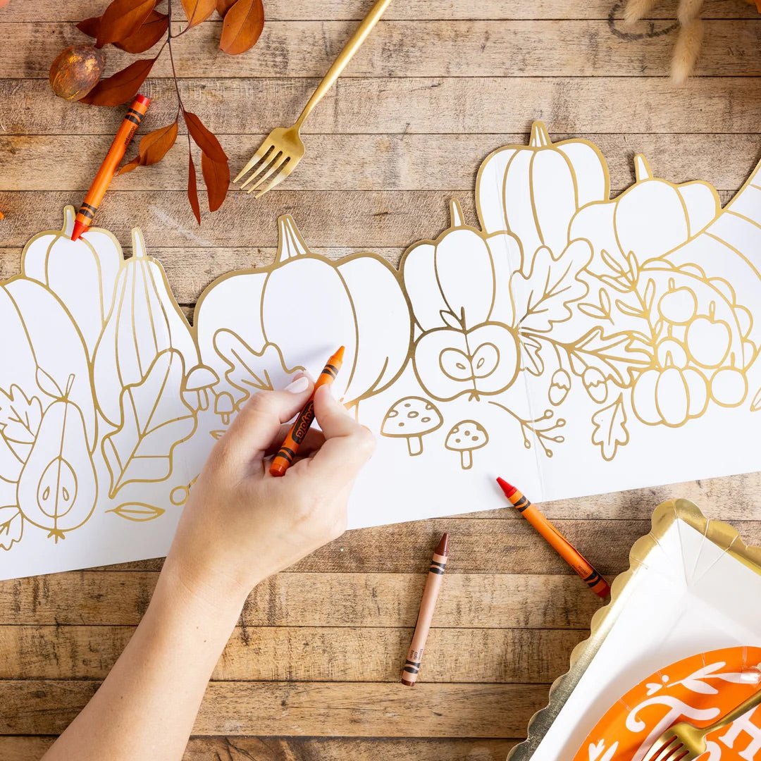 Close-up of Thanksgiving centerpiece with gold foil, designed for kids to color as part of Thanksgiving activities for kids.